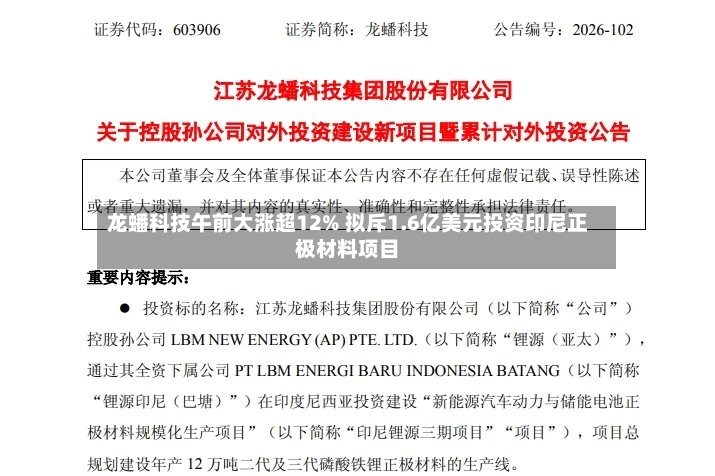龙蟠科技午前大涨超12% 拟斥1.6亿美元投资印尼正极材料项目-第2张图片