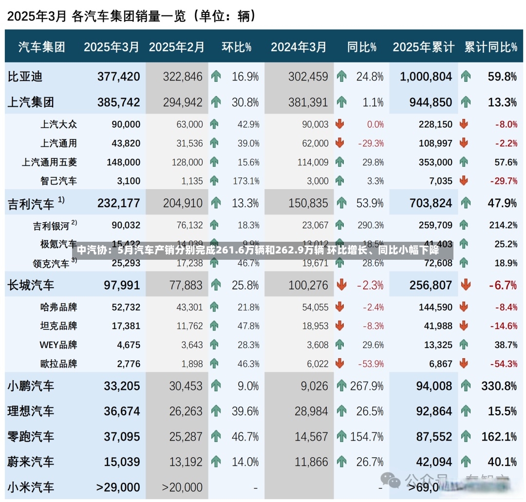 中汽协：5月汽车产销分别完成261.6万辆和262.9万辆 环比增长	、同比小幅下降-第2张图片