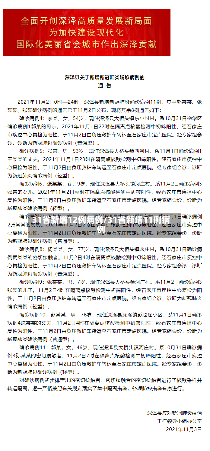 31省新增12例病例/31省新增11例病例